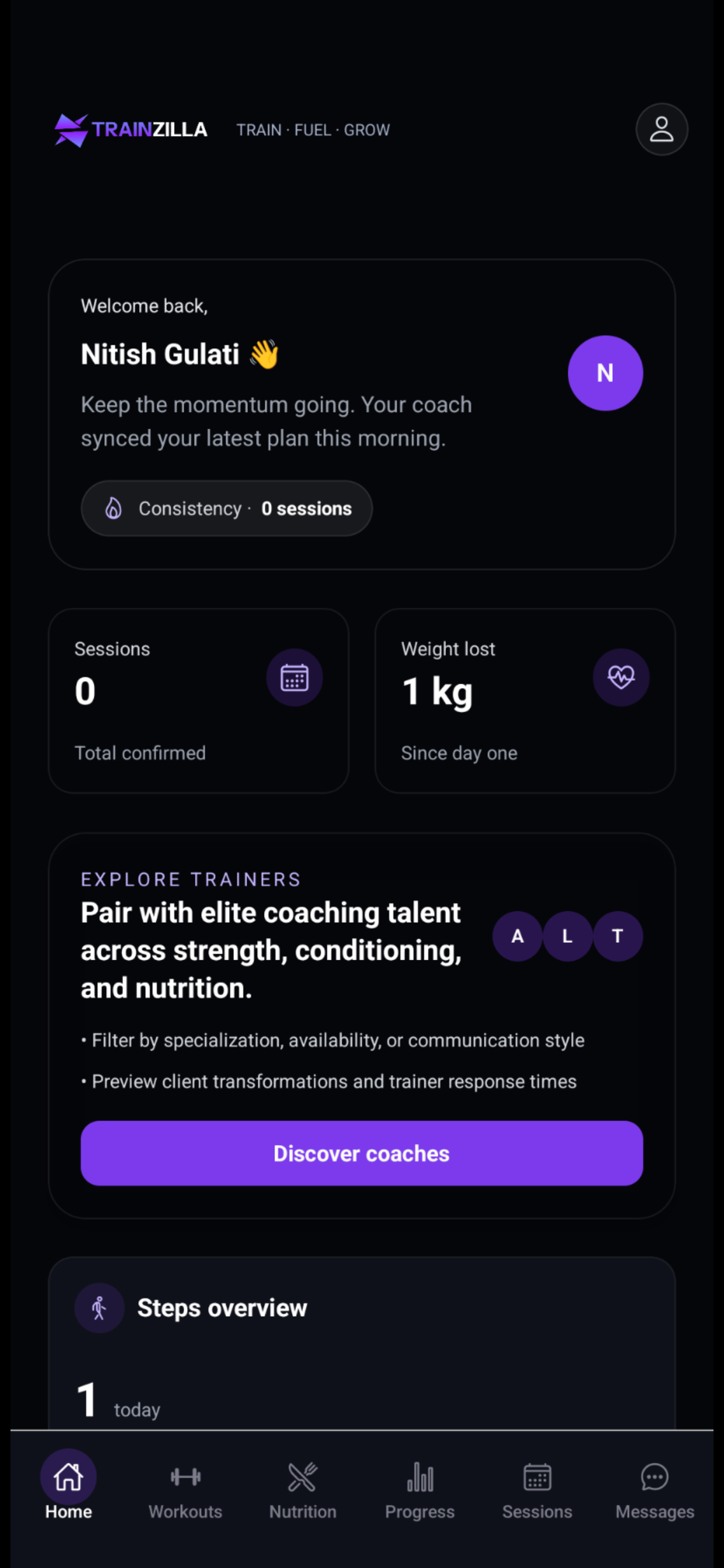 TrainZilla client app Home screen