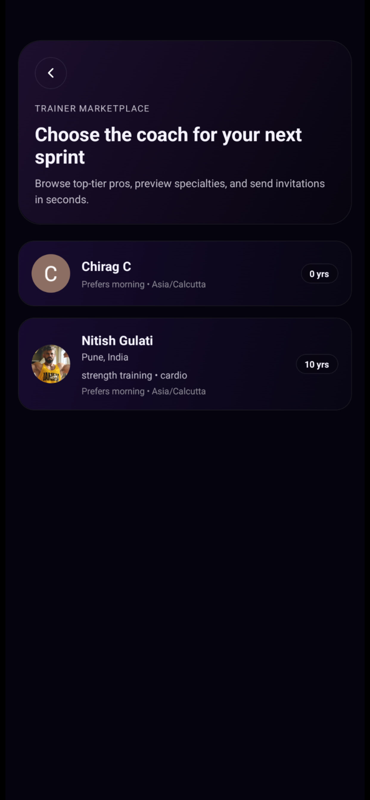 TrainZilla client app Find Coach screen