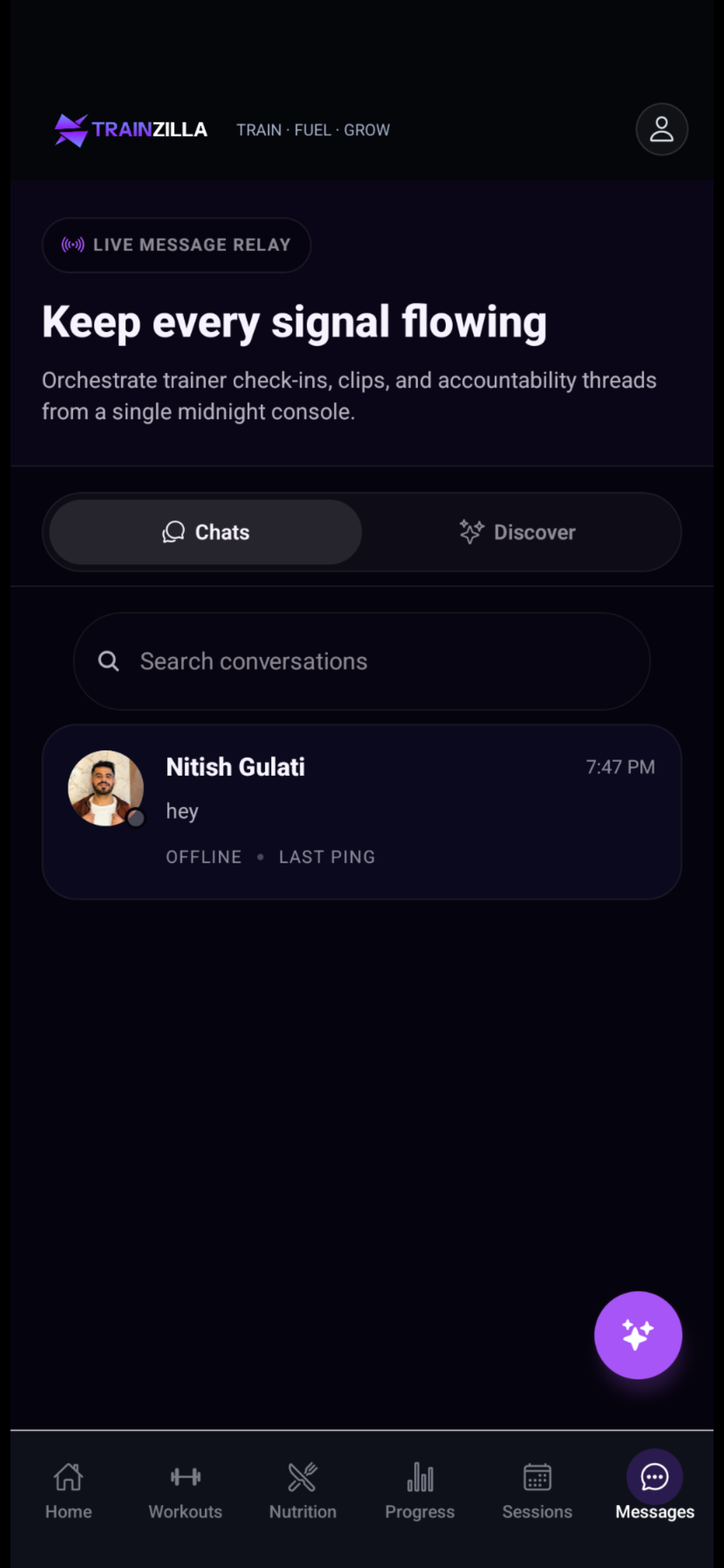 TrainZilla client app Messages screen