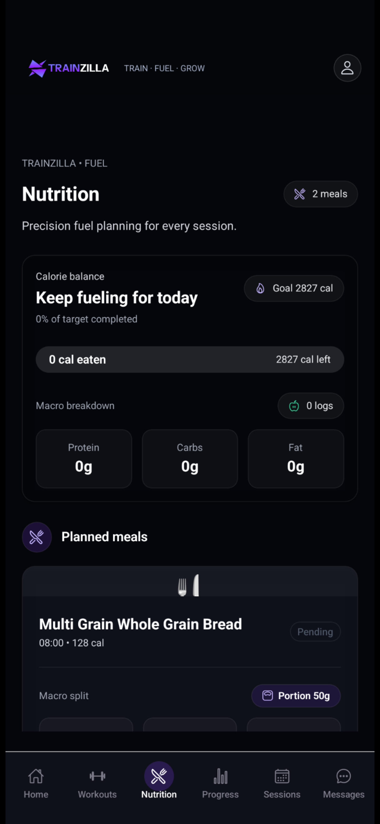 TrainZilla client app Nutrition screen