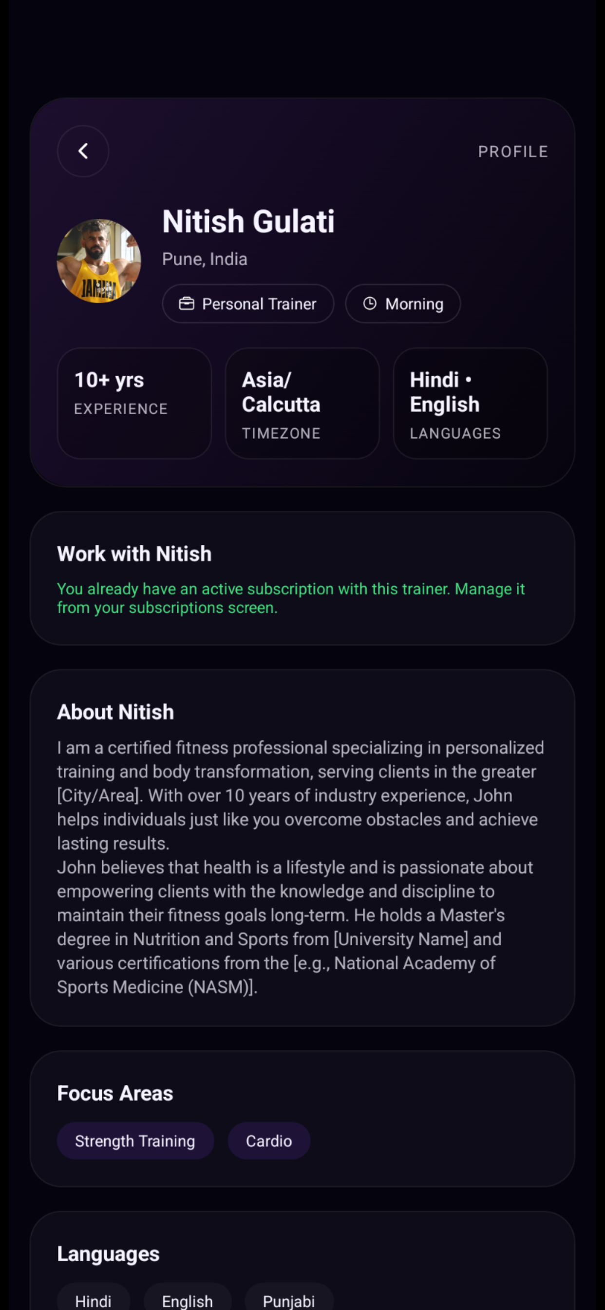 TrainZilla client app Coach Profile screen