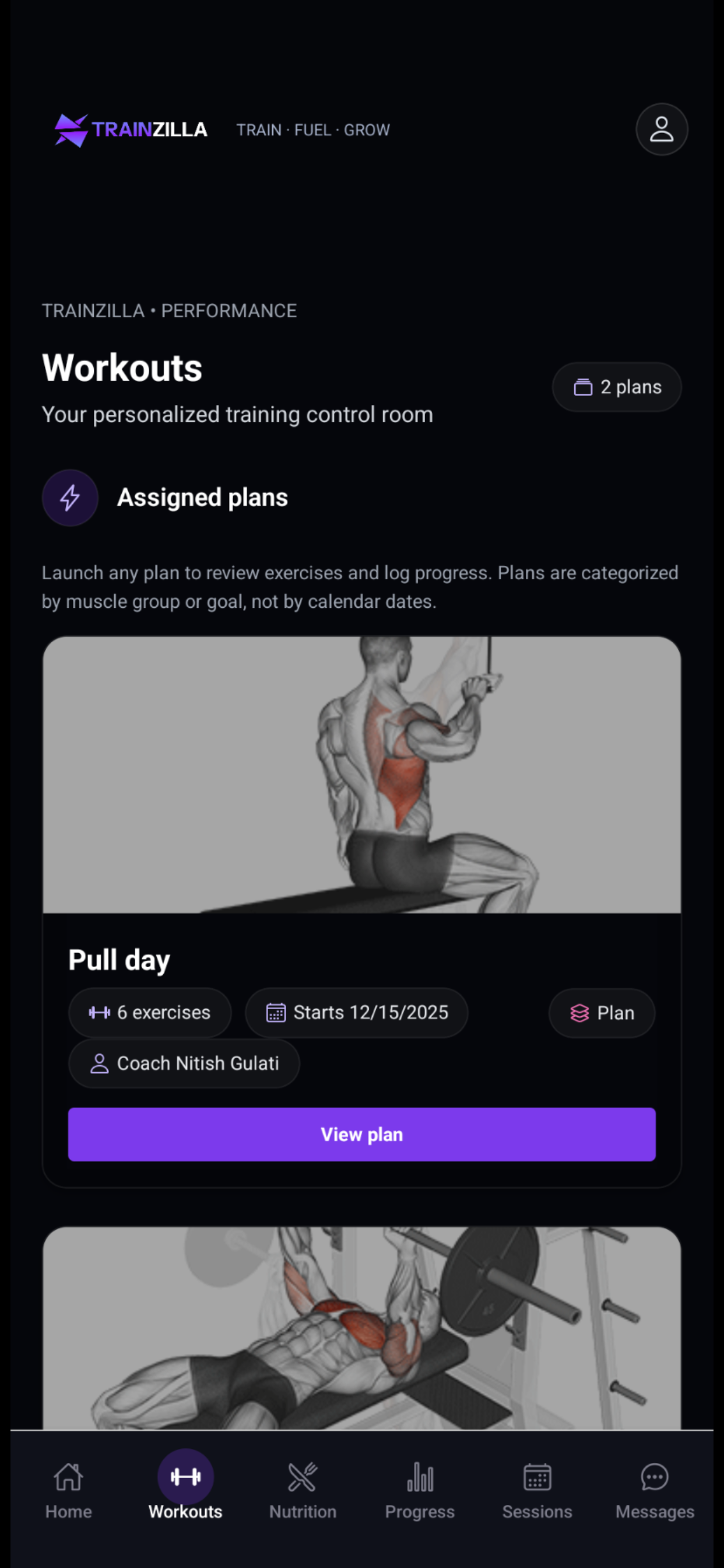 TrainZilla client app Workouts screen