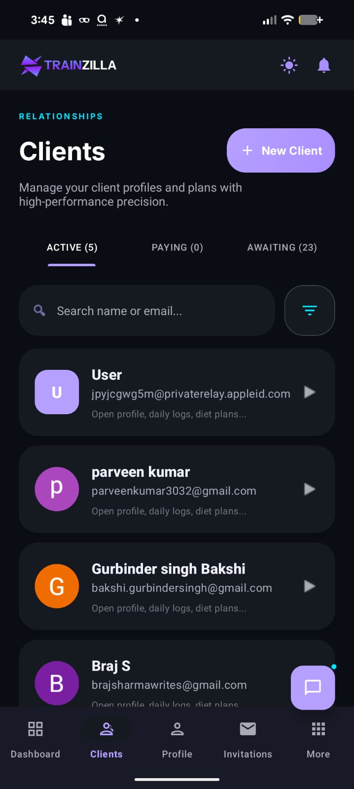 Coach mobile app Clients screen, dark mode