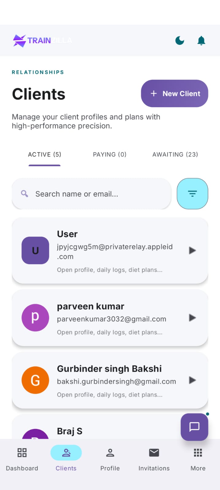 Coach mobile app Clients screen, light mode