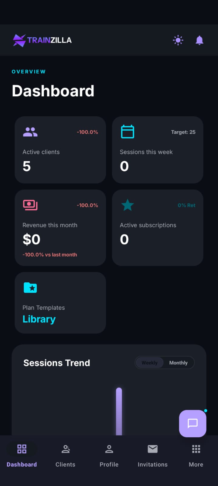 Coach mobile app Dashboard screen, dark mode