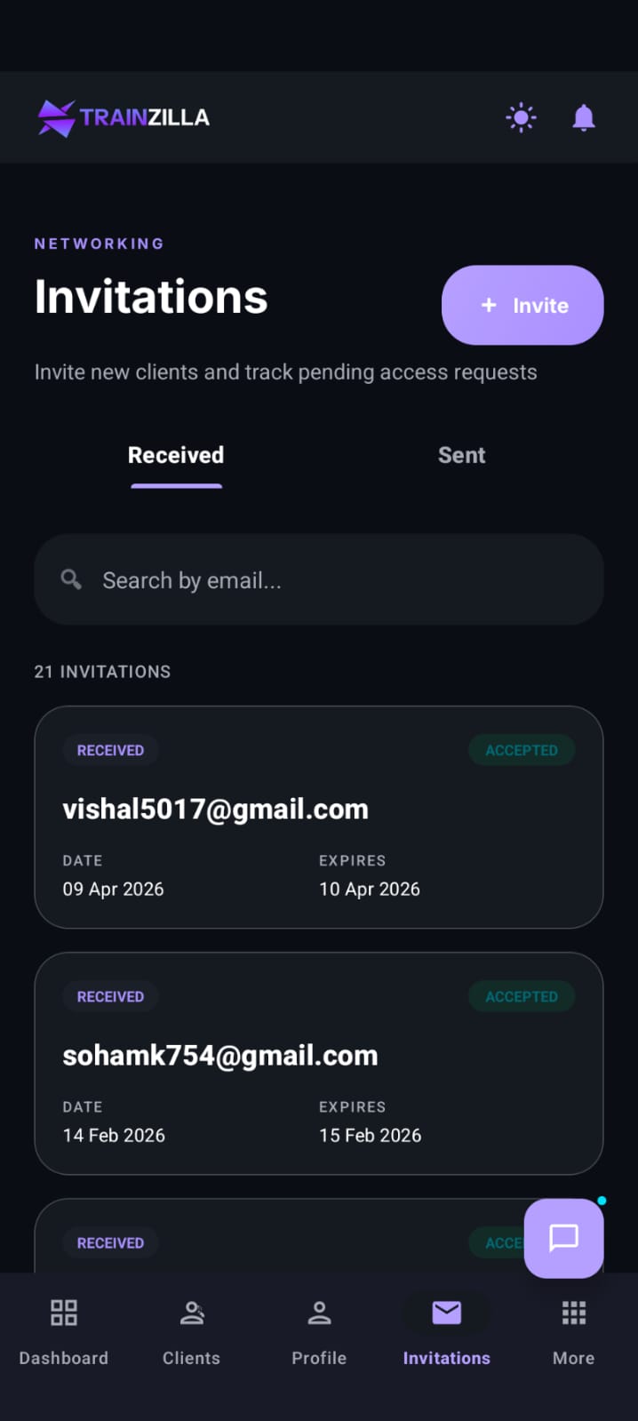 Coach mobile app Invitations screen, dark mode