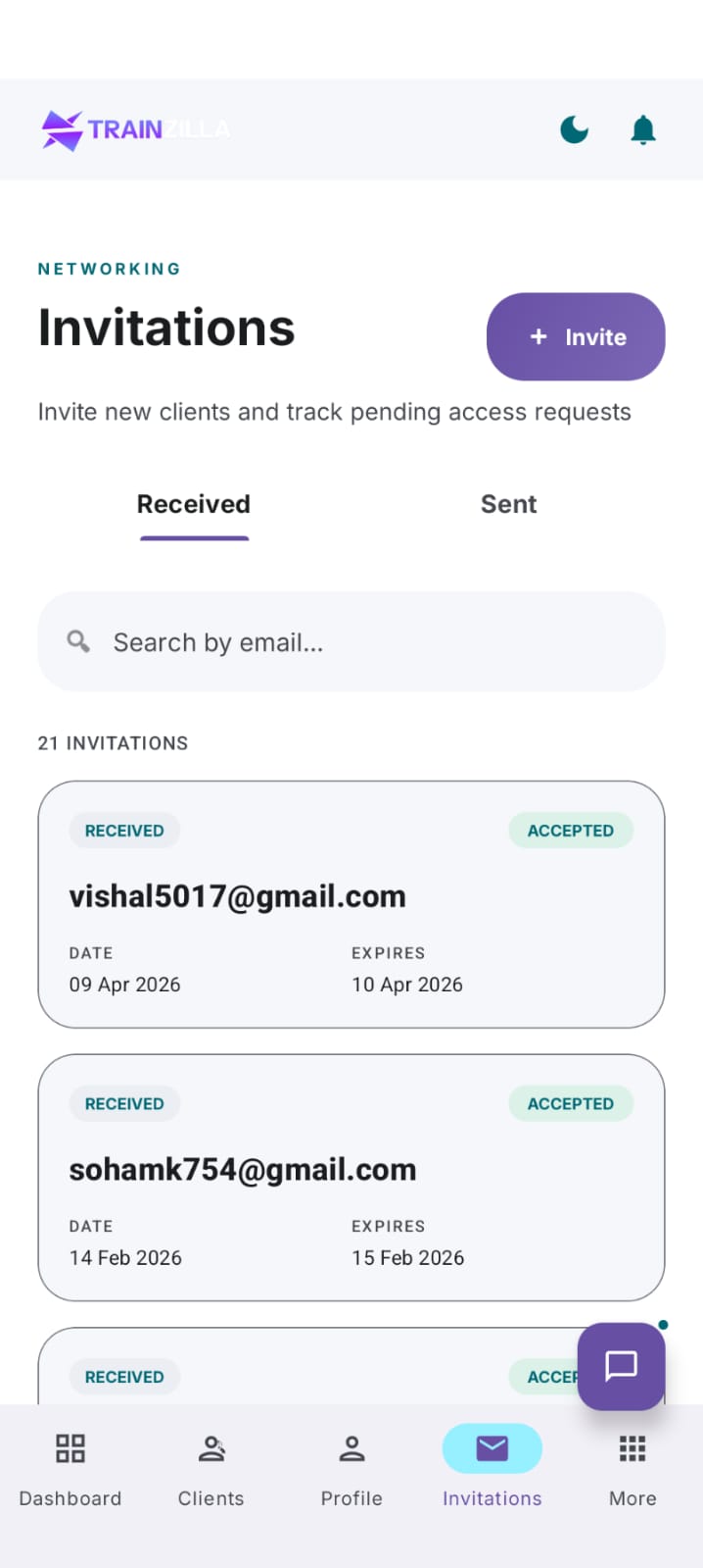 Coach mobile app Invitations screen, light mode