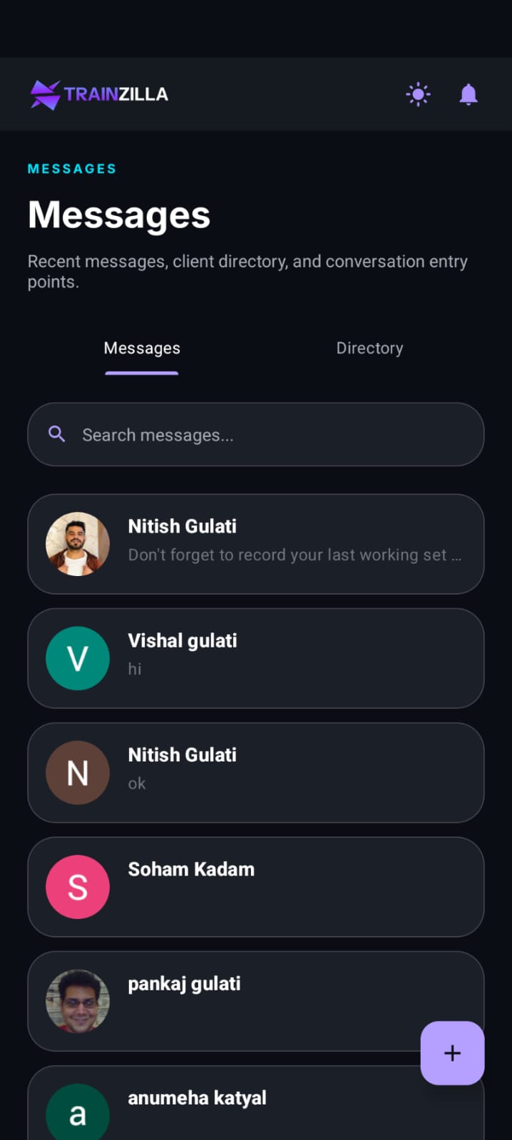 Coach mobile app Messages screen, dark mode
