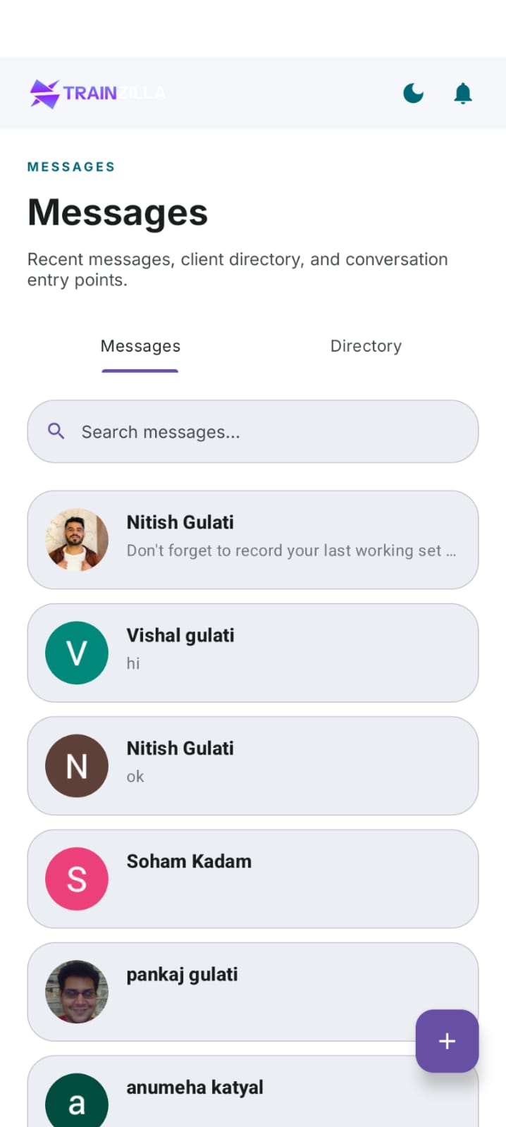 Coach mobile app Messages screen, light mode