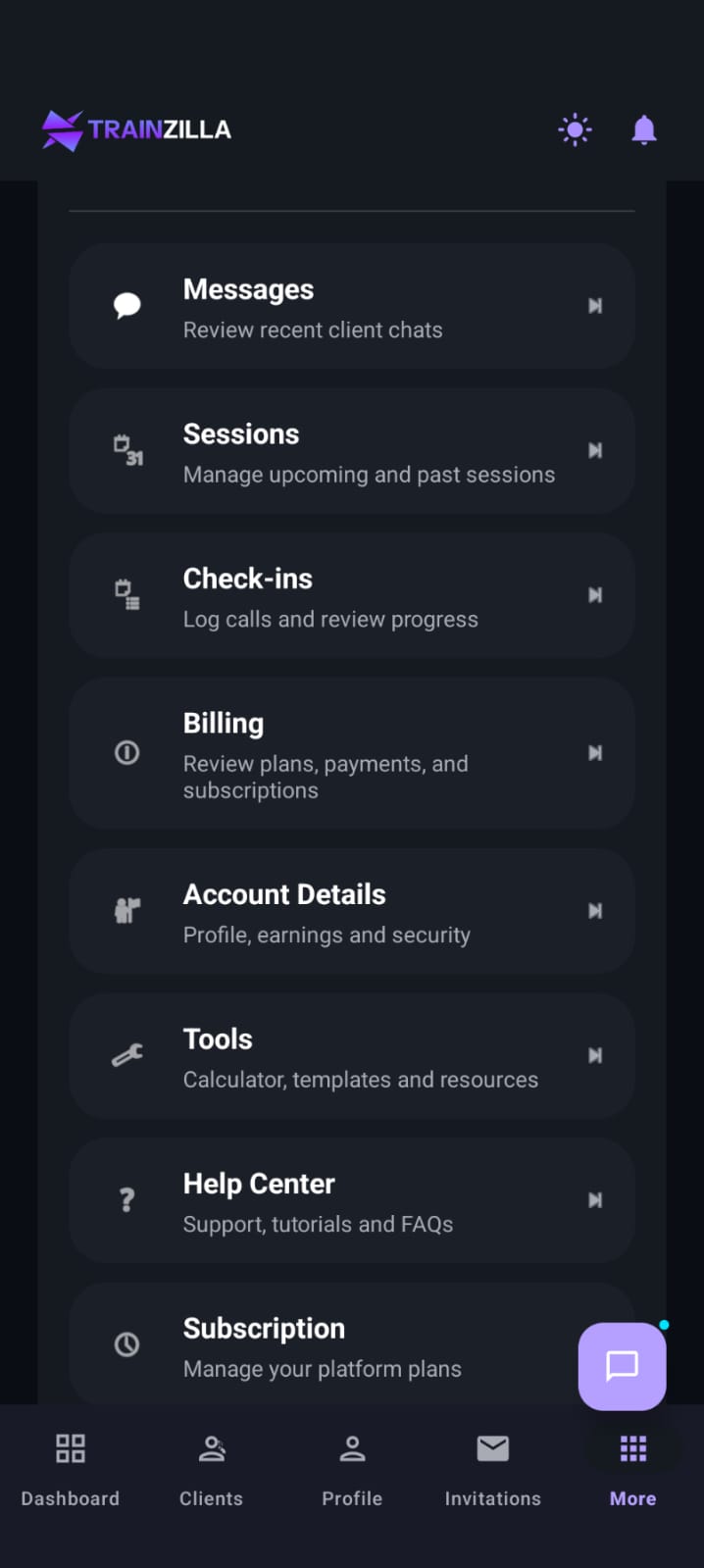 Coach mobile app More screen, dark mode