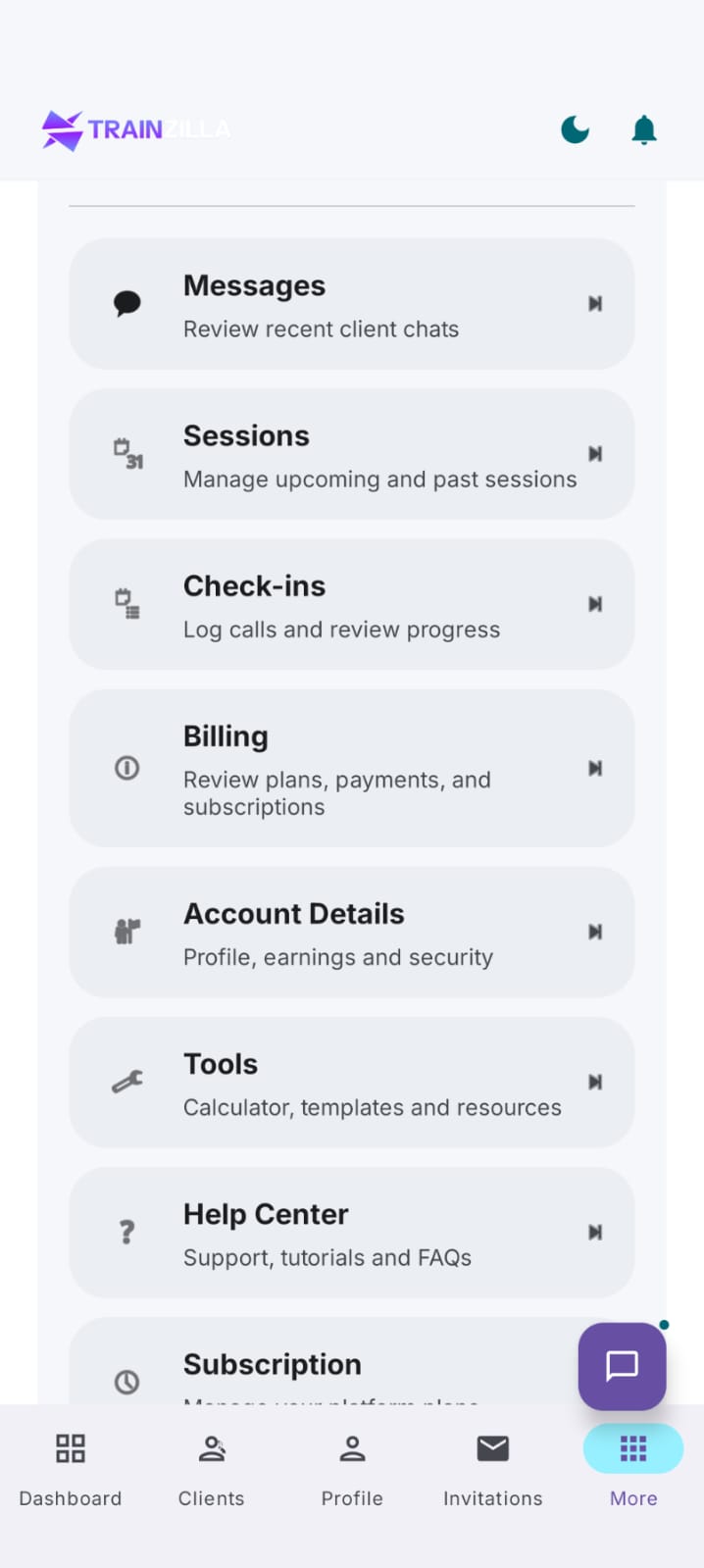 Coach mobile app More screen, light mode