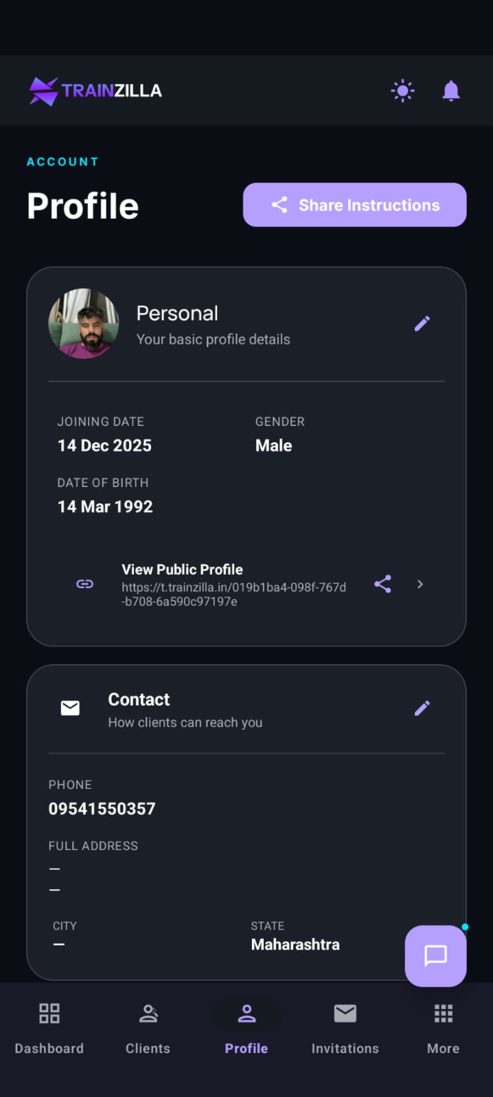 Coach mobile app Profile screen, dark mode