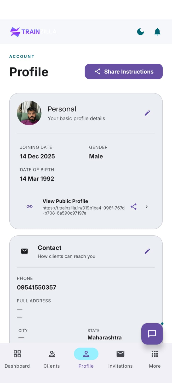 Coach mobile app Profile screen, light mode