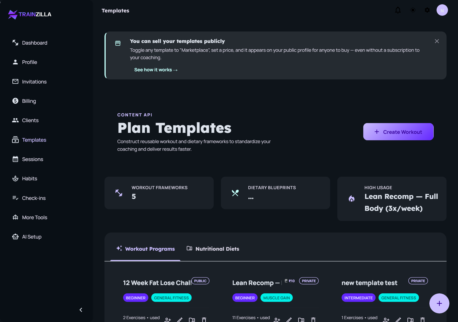 Workout plan builder dark theme
